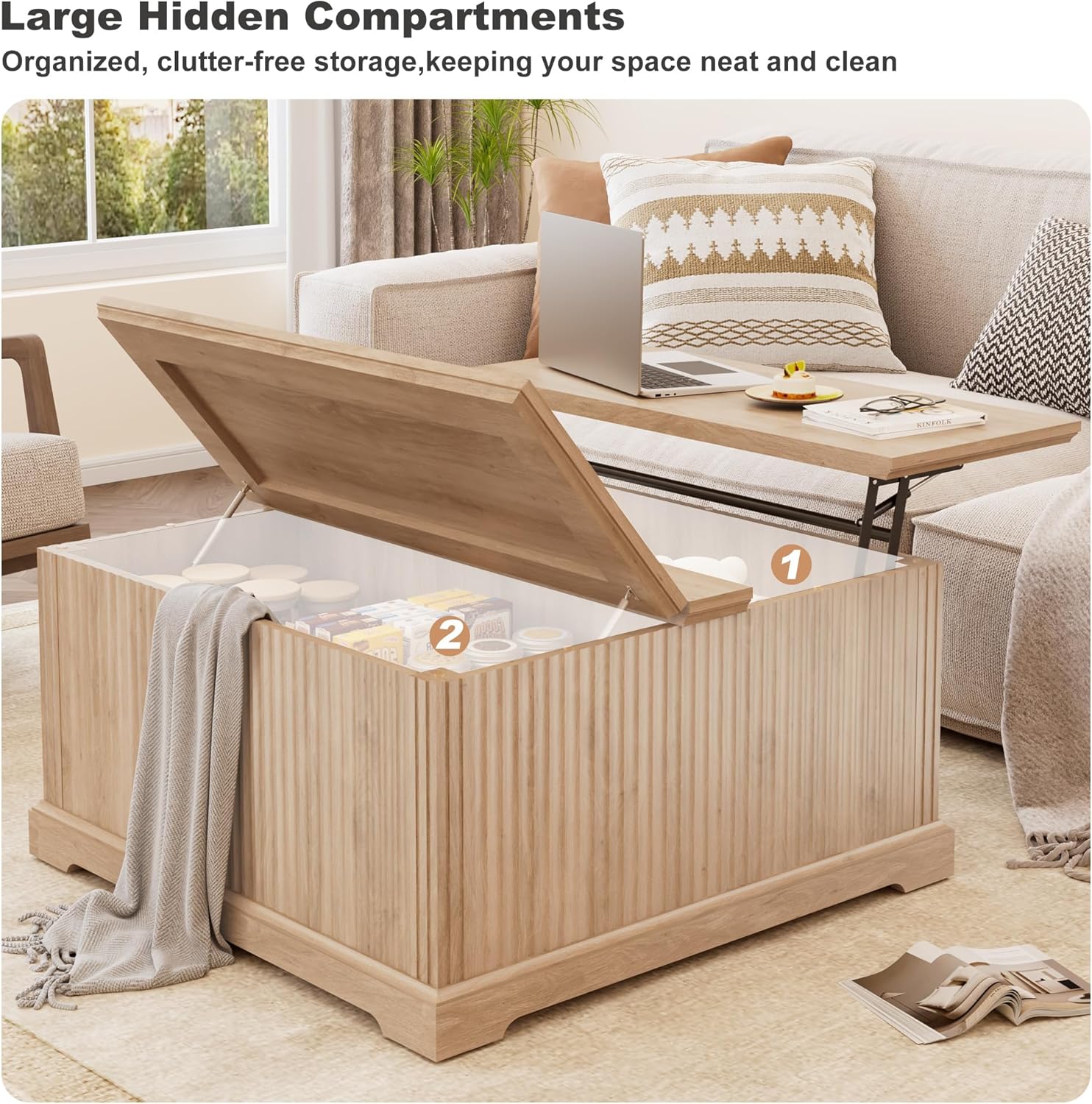 Small Space Lift Top Coffee Table with Hidden Storage, Multi-Use Center Table for Living Room, Work, Dining & Storage, Modern Square Design, Oak