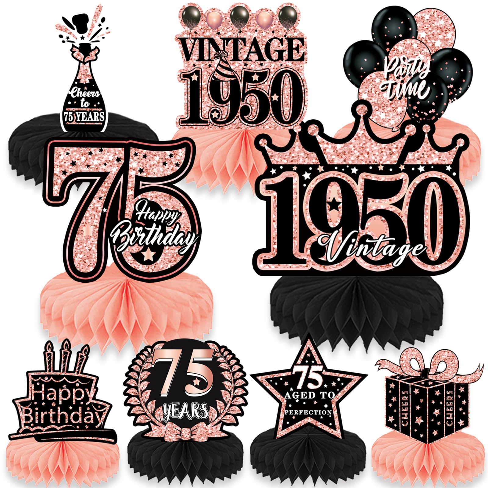 Refavor 75th Birthday Decorations Women, 9PCS Rose Gold 75th Birthday Honeycomb Centerpieces Table Decorations, Vintage 75 Years Birthday Party Decor Supplies