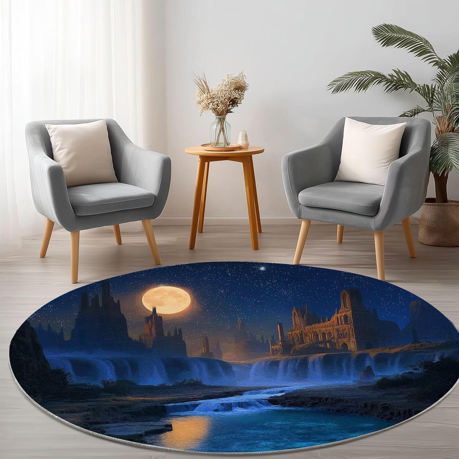 Gothic Old Town Landscape Round Rug for Bedroom 2 ft, Soft Circle Area Carpets, Washable Low Pile Classroom Rugs, Carpet for Living Room Sofa Bathroom Nursery Kids Room Decor, Navy Blue