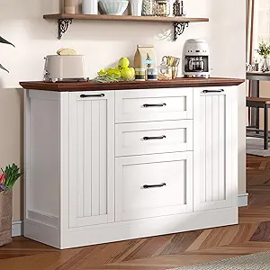 DWVO Farmhouse Buffet Cabinet with Storage, 47" Sideboard with Drawers, Large Kitchen Storage Cabinet Coffee Bar Cabinets for Living Room, Antique White
