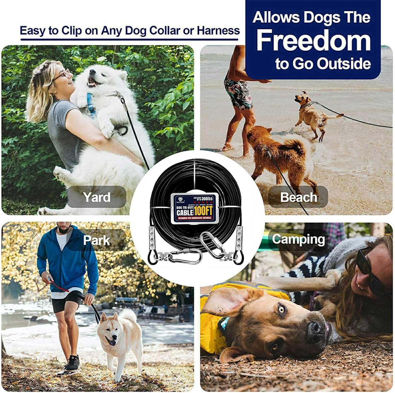 Tie Out Cable for Dogs Up to 300lbs,100ft Extra Strong 1000lbs Break Strength Tie-Out Tether Trolley Training Lead,Dog Run Cable for Yard Garden Park Camping Outside (Black, 300lbs 100ft)
