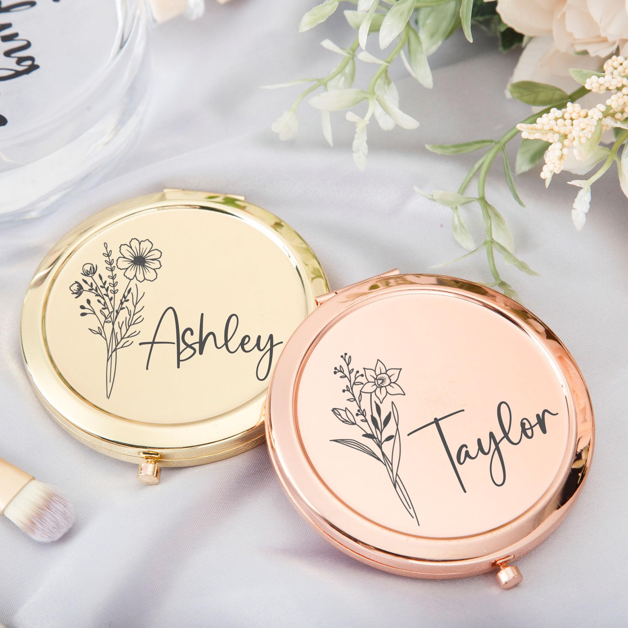 Personalized Compact Mirror Birth Flower with Custom Name Makeup