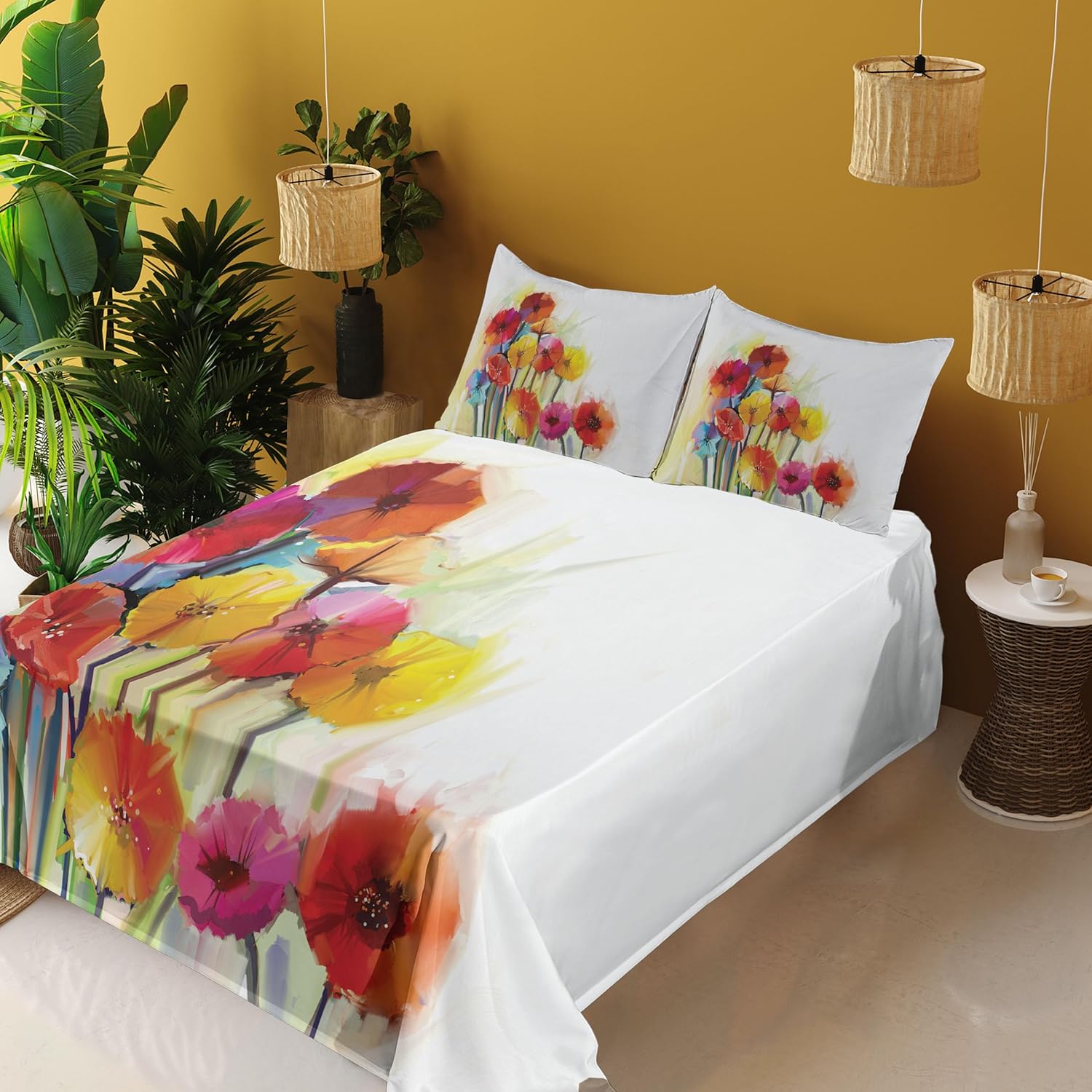 Ambesonne Flower Sheet Set, Gerbera Bouquets Romantic Floral Arrangement Blossom Side of The Nature, Fitted and Flat Sheet with Pillowcases Bedding Accent 4 Piece Set, Queen, Orange Yellow