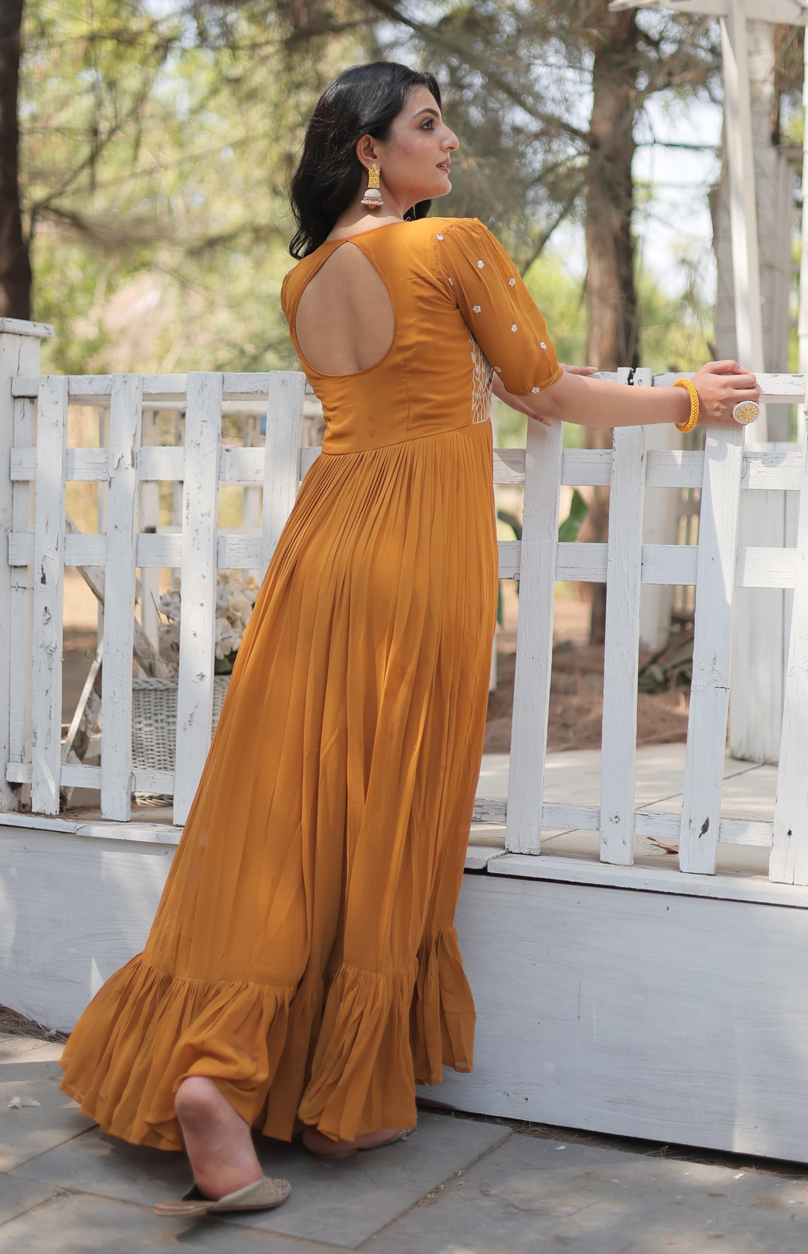 Fashion Basket Georgette Anarkali Gown With Sequins And Embroidery For Women With Long Sleeves (Large, Yellow)
