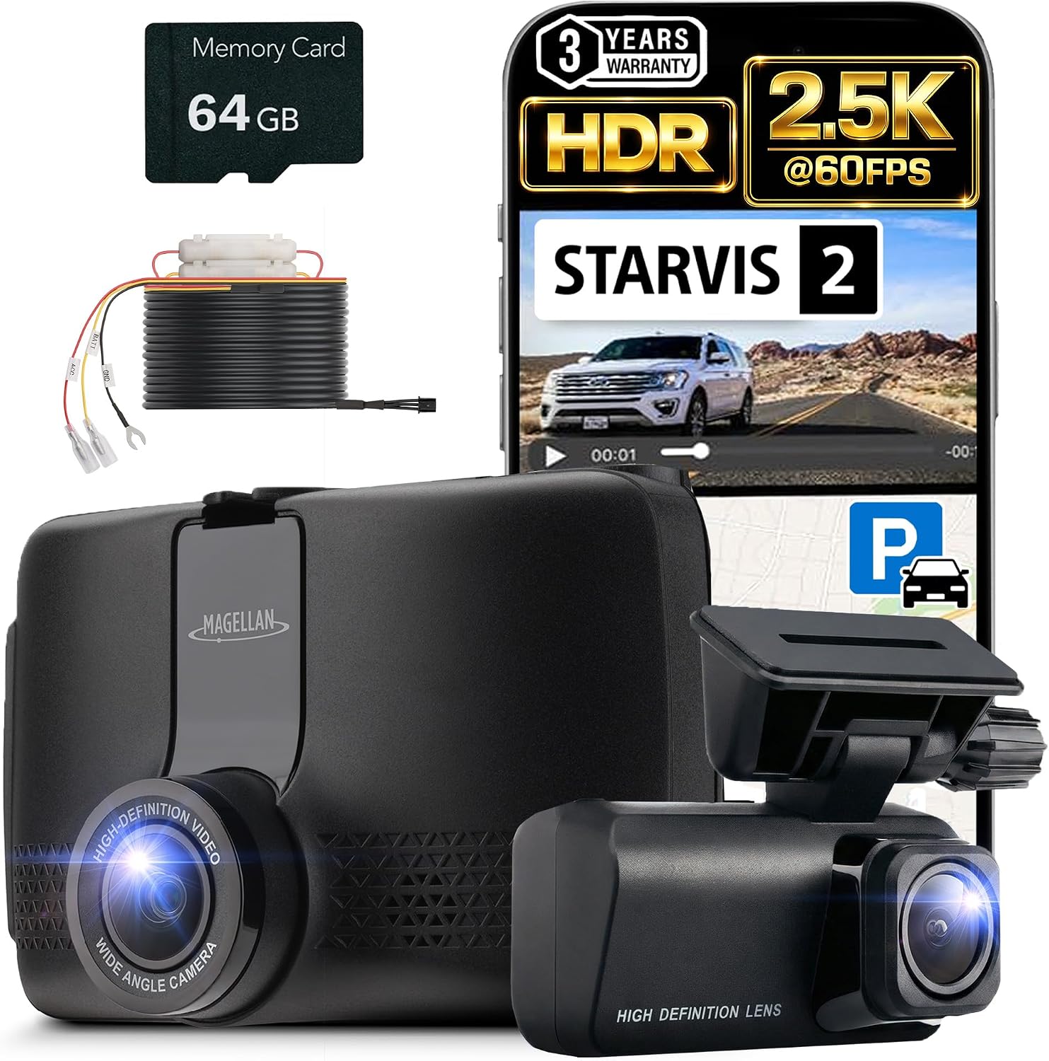 Magellan Dash Cam Front & Rear, 2.5K + 1080p Full HD Dash Camera, 64GB Card, Strong Mount, Parking Mode, Dual Starvis 2, Built-in Wi-Fi, GPS, App Control, Night Vision