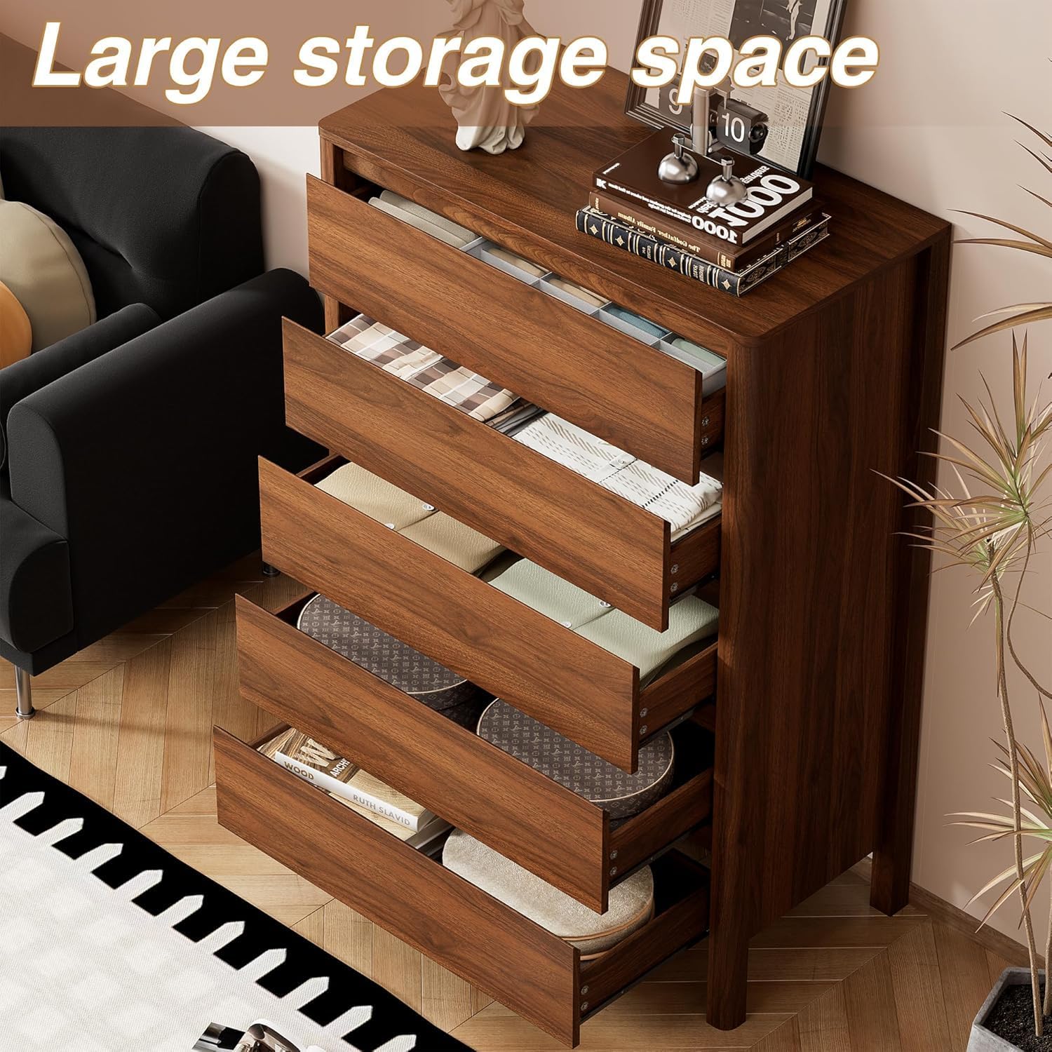 Walnut Mid-Century Modern 3 Piece Bedroom Furniture Set, 5 Drawer Dresser with Handleless Wood Grain Design and Nightstands Set of 2, Minimalist Storage Dresser for Bedroom