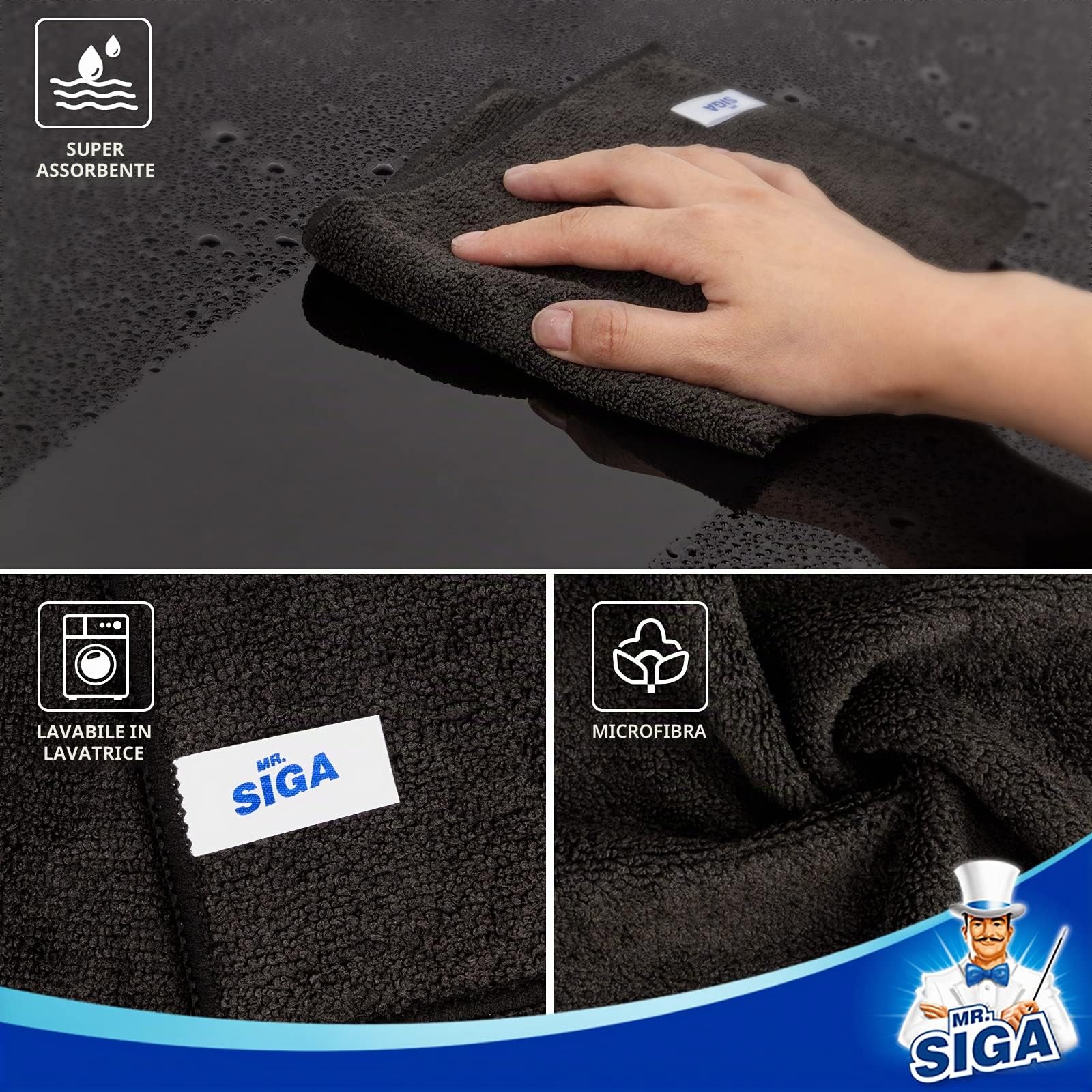 MR.SIGA Panni per la Pulizia in Microfibra, Panni Multiuso in Microfibra, Panni per la Pulizia Senza Striature, Confezione da 12, Nero, Dimensioni 32 x 32 cm