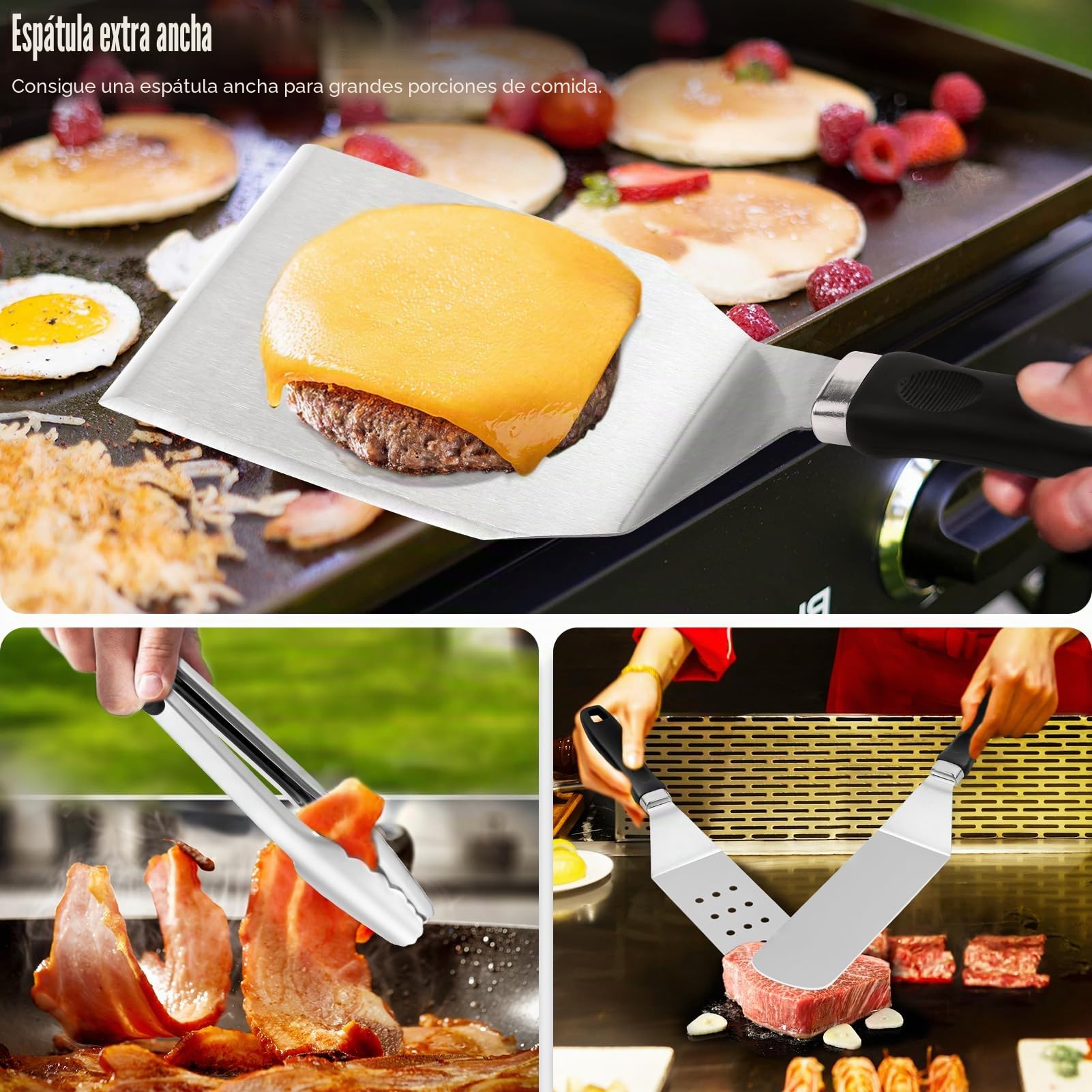 Grilliance 27PCS Juego de Espátulas Plancha Parrilla Accesorios para Hombres, Teppanyaki Set Utensilios Barbacoa Acero INOX, Profesional Hibachi Smash Burger Kit Regalo con Prensa de Hamburguesa