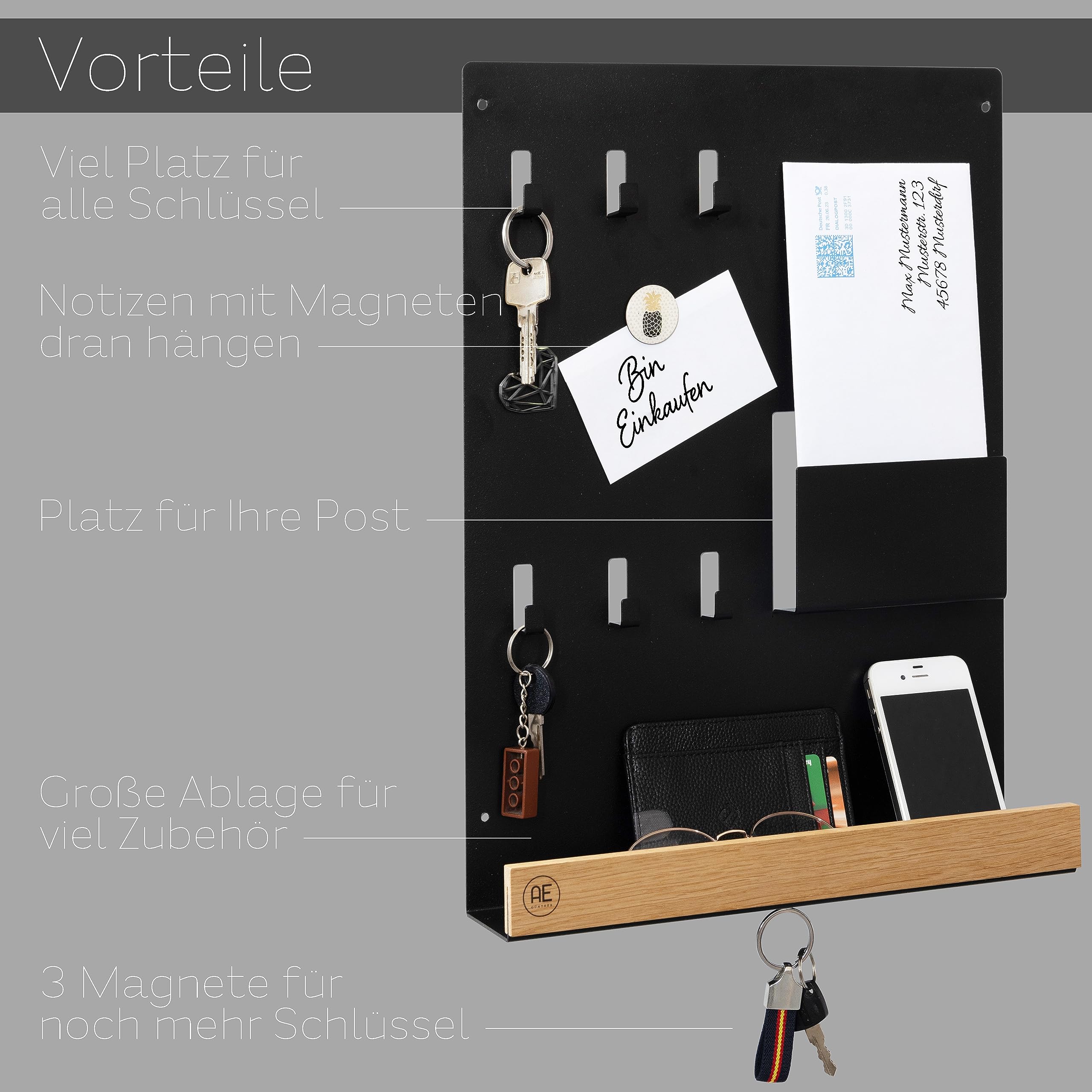Schlüsselbrett Holz - Schlüsselhalter Schwarz Stahl - Schlüsselboard Eiche - Schlüssel Organizer mit Ablage - Schlüsselanhänger - Schlüsselkasten -Wandorganizer - Schlüsselleiste (Schwarz)