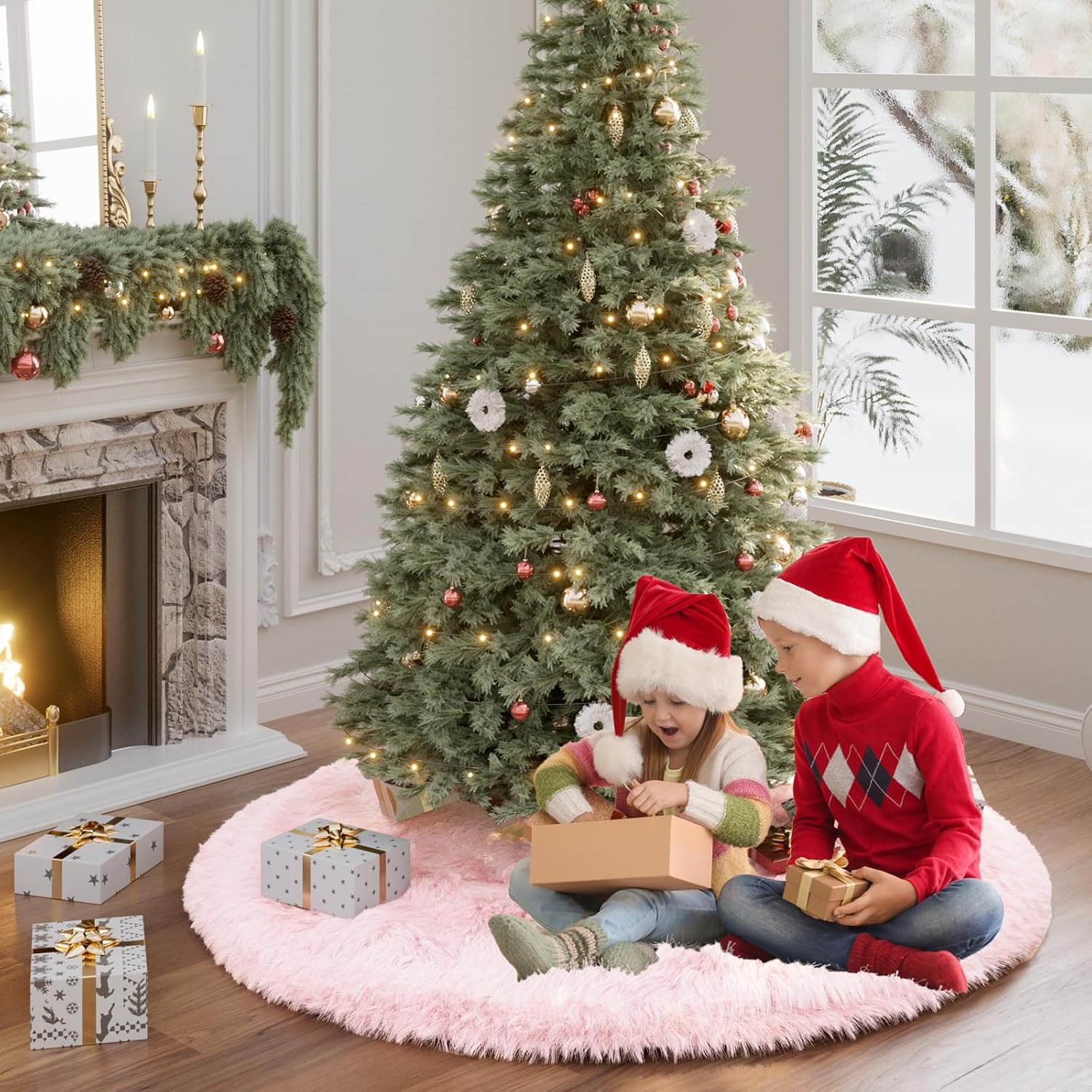 60 Inch Large Christmas Tree Skirt Pink Faux Fur Plush Tree Mat Base Cover for Merry Christmas Party Holiday Home Indoor Xmas Tree Decorations