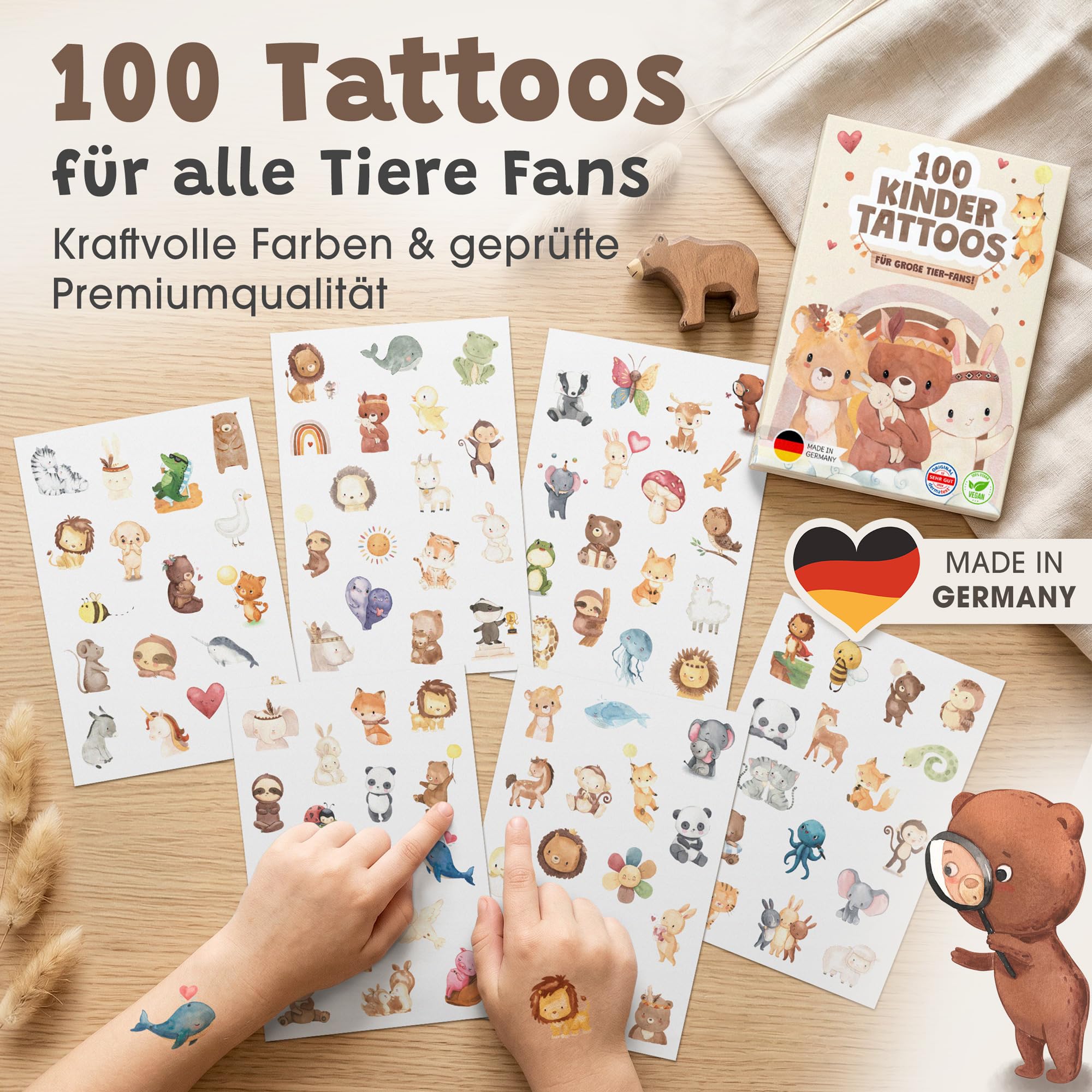 EULENTALER® Kinder Tattoo I Von Pädagogen empfohlen I 100x hautfreundliche Kindertattoos mit süßen Tier-Motiven [Dermatest: Sehr Gut] Made in Germany I Geschenk für Kinder inkl. Gratis Ausmalbilder - 2