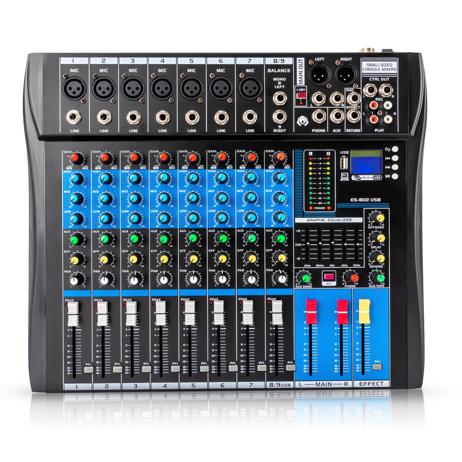 Professionelle 8 Kanal Stereo Sound Mischkonsole, Mischpult mit USB Bluetooth DJ Live Audio Mixer mit LCD-Anzeige mit Hall-Delay-Effekt für Heim-KTV, Aufnahmestudios, Live-Streaming, 48V Phantom Power