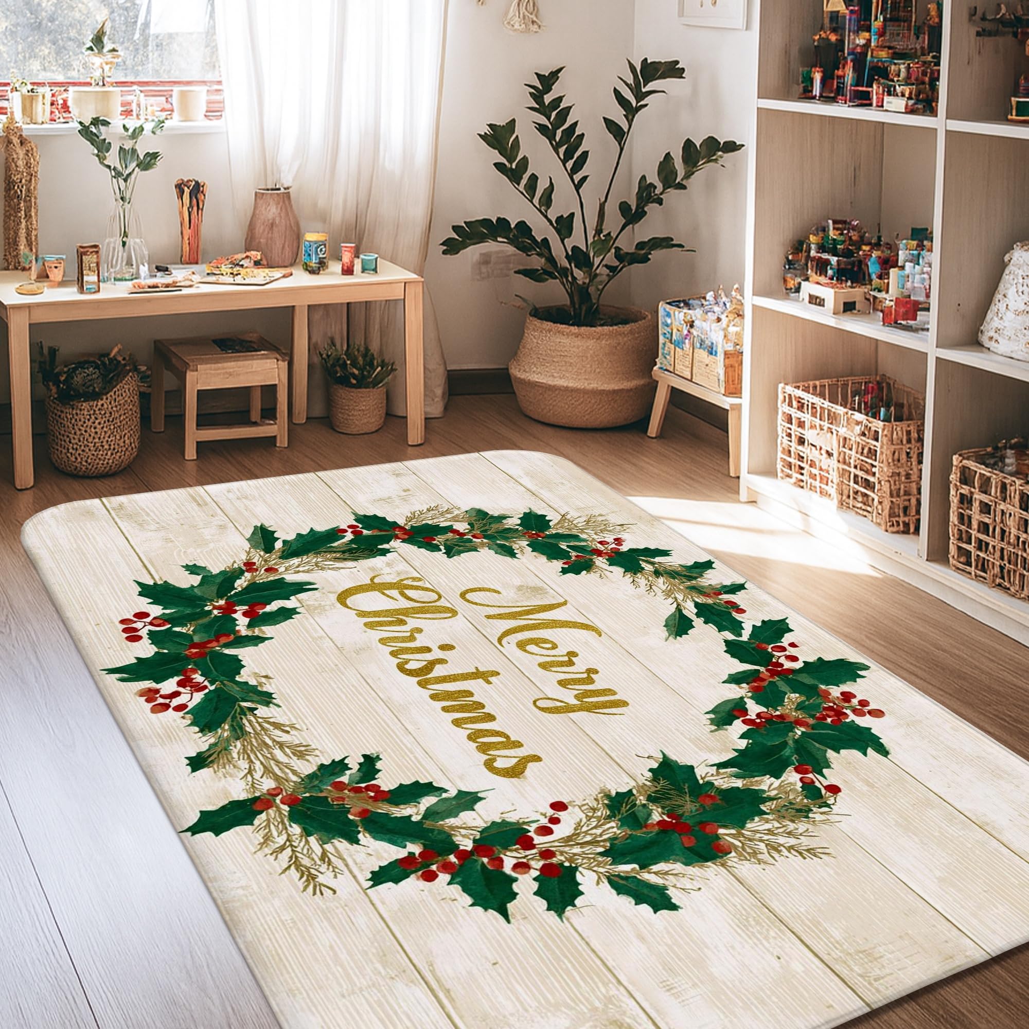 Tapis de Noël rustique couronne de houx pour salon chaleureux