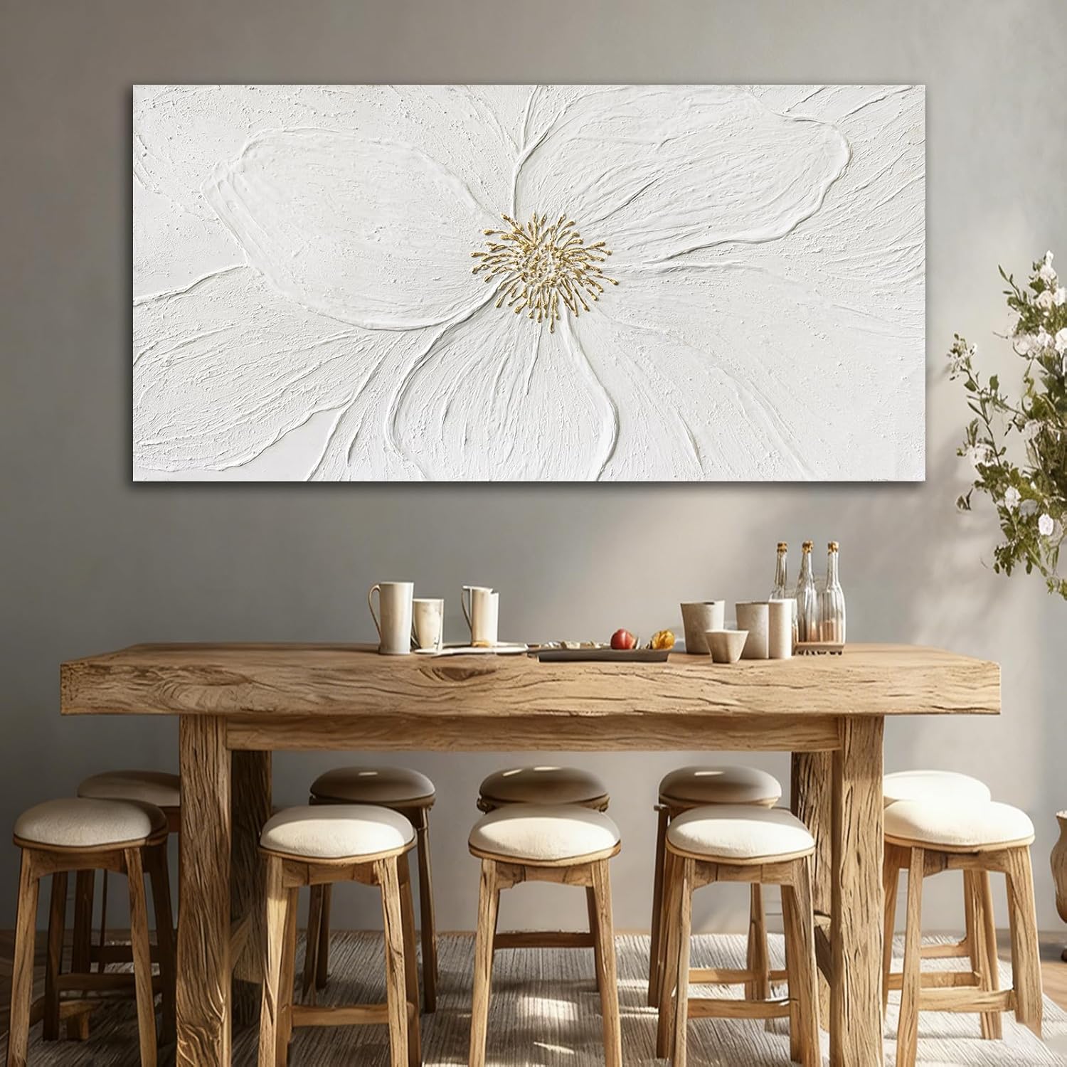 Large Floral Abstract Wall Art, Hand Painted Textured Canvas with Soft Organic Petal Forms, Ivory and Beige Tones with Gold Accents, Oversized Modern Statement Wall Decor, Gallery Wrapped, 29×58 Inch