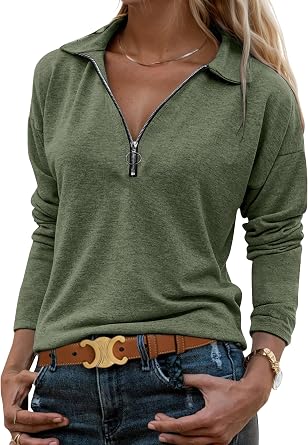 Halife Womens Collared Long Sleeve Shirts Business Casual Dressy Blouse Shirt Tunic Half Zip V Neck Work Tops Blouses