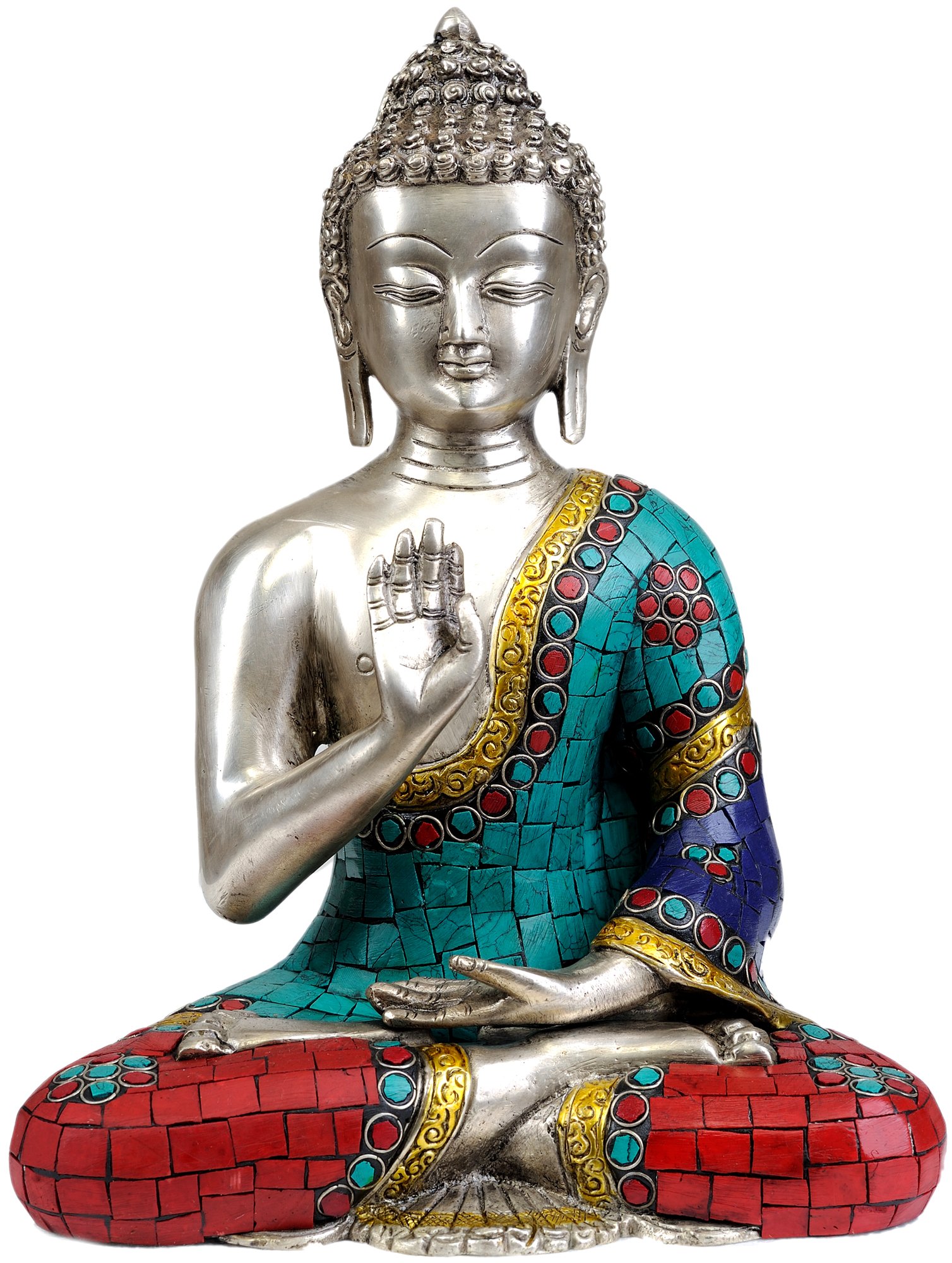 Statue de Bouddha Abhaya Mudra en laiton fait main avec incrustations