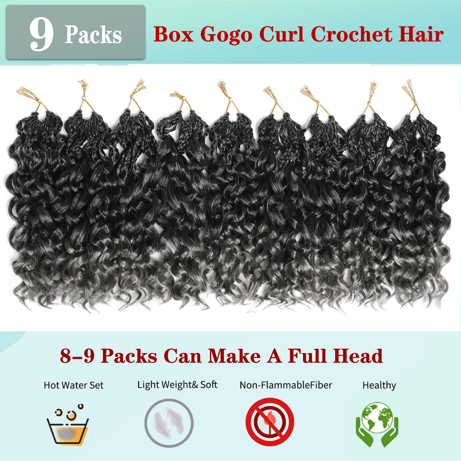 BLUONASI Gogo Curl Crochet Hair 10 Inch 9 Packs Ocean Wave Curly Crochet Hair for Black Women Pre-Looped Deep Wave Water Curly Braiding Extensions (T/Grey# - Image 2