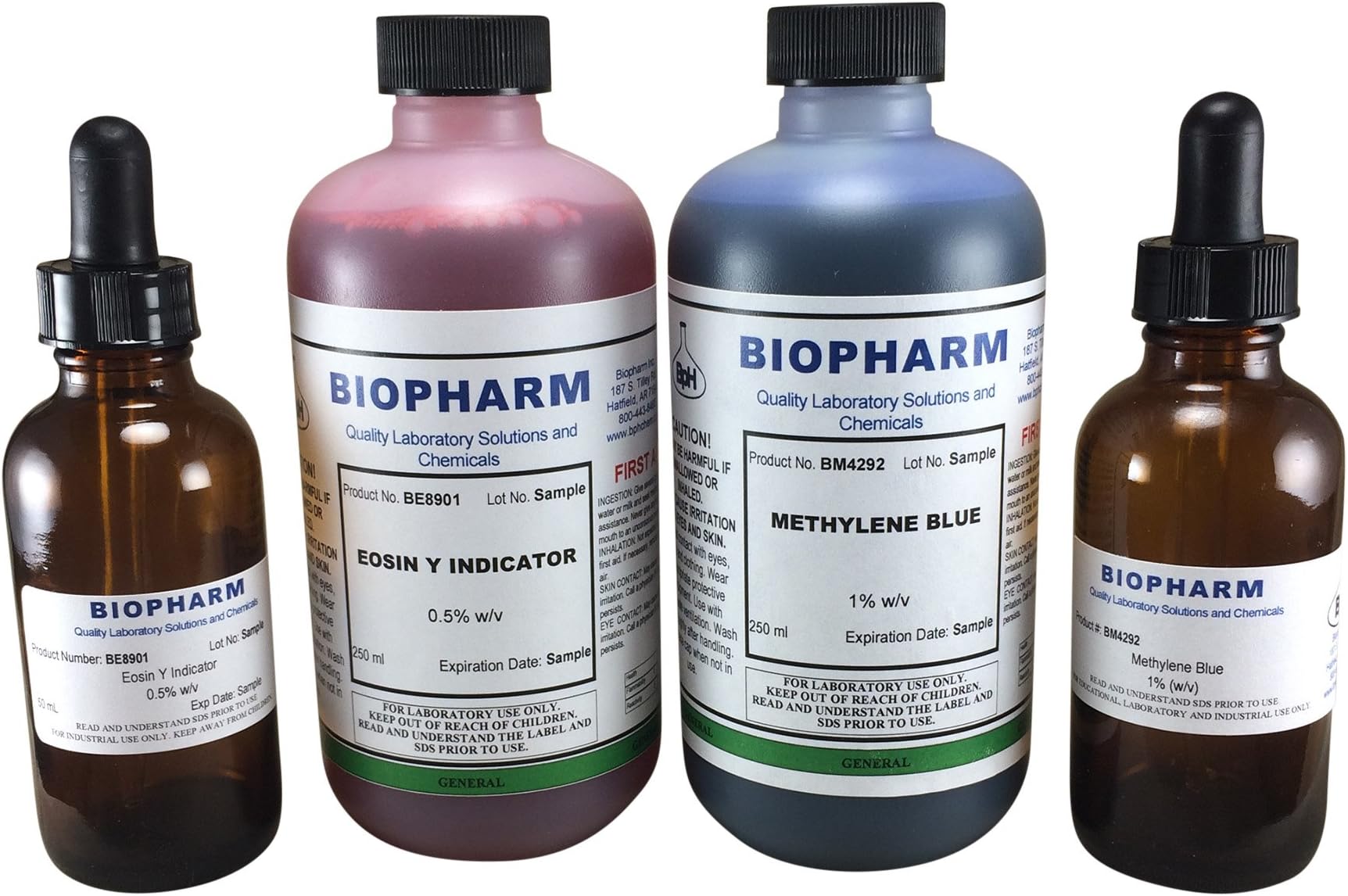 Eosin Y 0.5% (w/v) and Methylene Blue 1% (w/v) Aqueous Solution Staining Kit: 250 mL (8.4 fl oz) of Each with Bonus Dropper Bottles