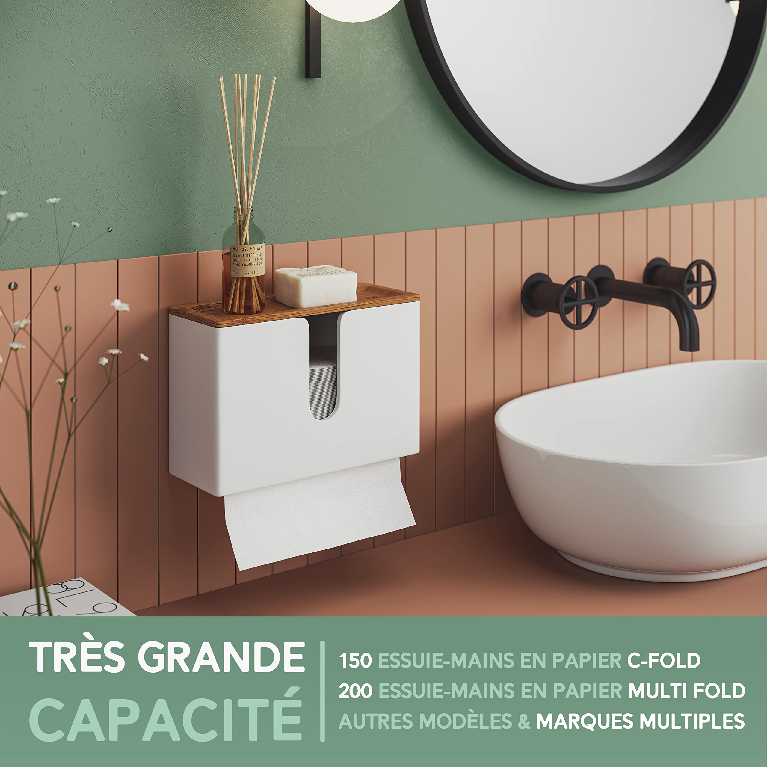 Nature Supplies | Distributeur Essuie Main Mural | Distributeur Papier Cuisine Et Salle De Bain | Devidoir Essuie Tout Mural | Porte Serviette De Table Feuille À Feuille, Pliés en V/C, Rechargeable