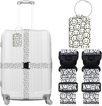 3 Pack Luggage Straps Tags Set for Suitcases, Travel Adjustable Belt with Quick Release Buckle and Name ID Label Card, Heavy Duty Nylon Bag Packing Strap for Business -White Smiles, XLDP-3P-ZH2