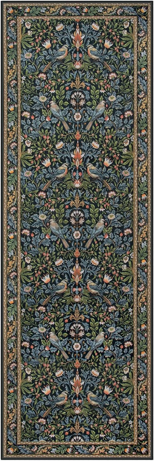 Morebes Washable Floral Hallway Runner Rug 2x6 Non Slip, Boho Floral Birds Kitchen Runner 6ft, Ultra-Thin Super Soft Botanical Indoor Floor Carpet for Bathroom Entryway Laundry Room, Navy Blue - Image 8