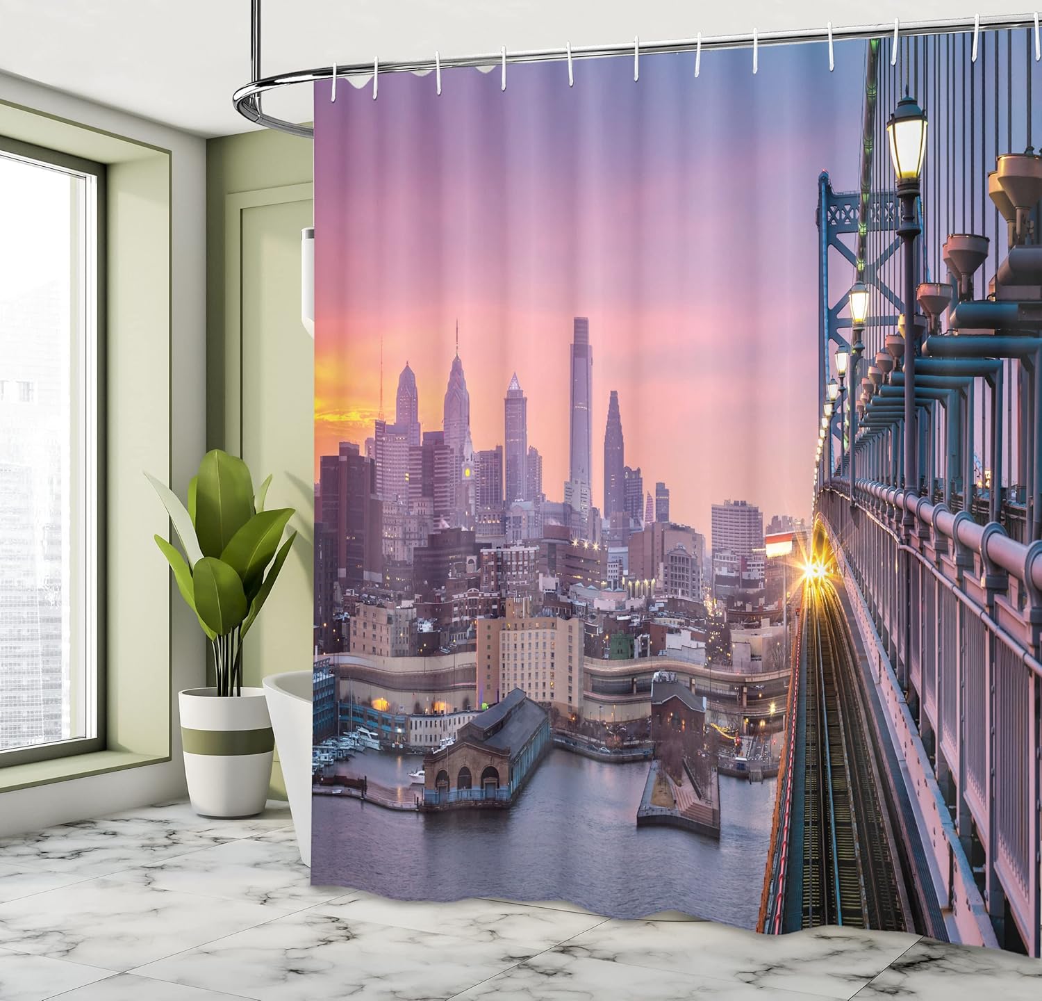 Ambesonne American Shower Curtain, Philadelphia Under a Sunset Train on Vibrant Bridge Skyscrapers Landscape, Cloth Fabric Bathroom Decor Set with Hooks, 69" W x 70" L, Purple Blue