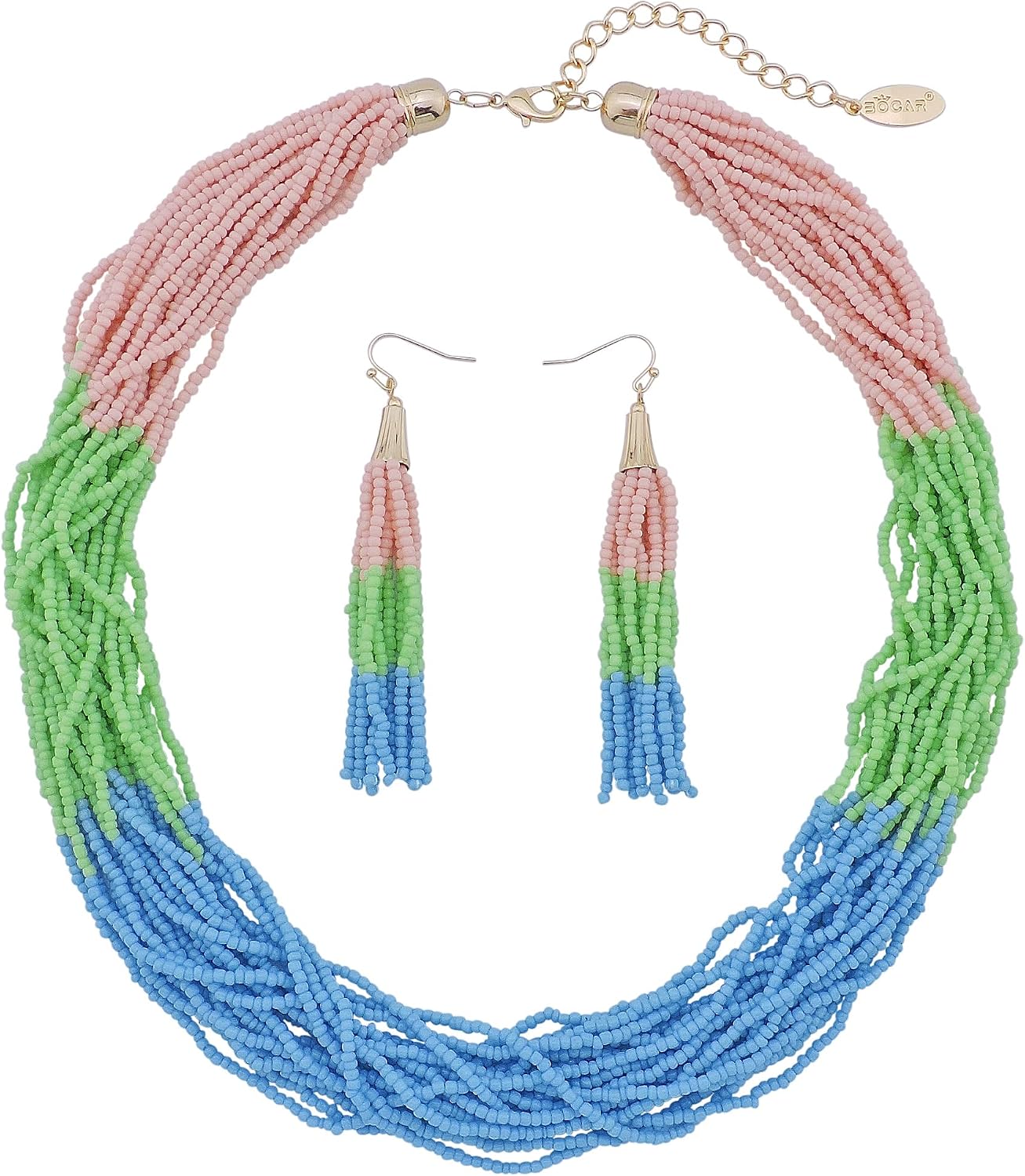 Bocar Multi Layer Beaded Statement Necklace Set Mix Strand Necklace and earrings for Women Gift (NK-10459-pink+green+blue)