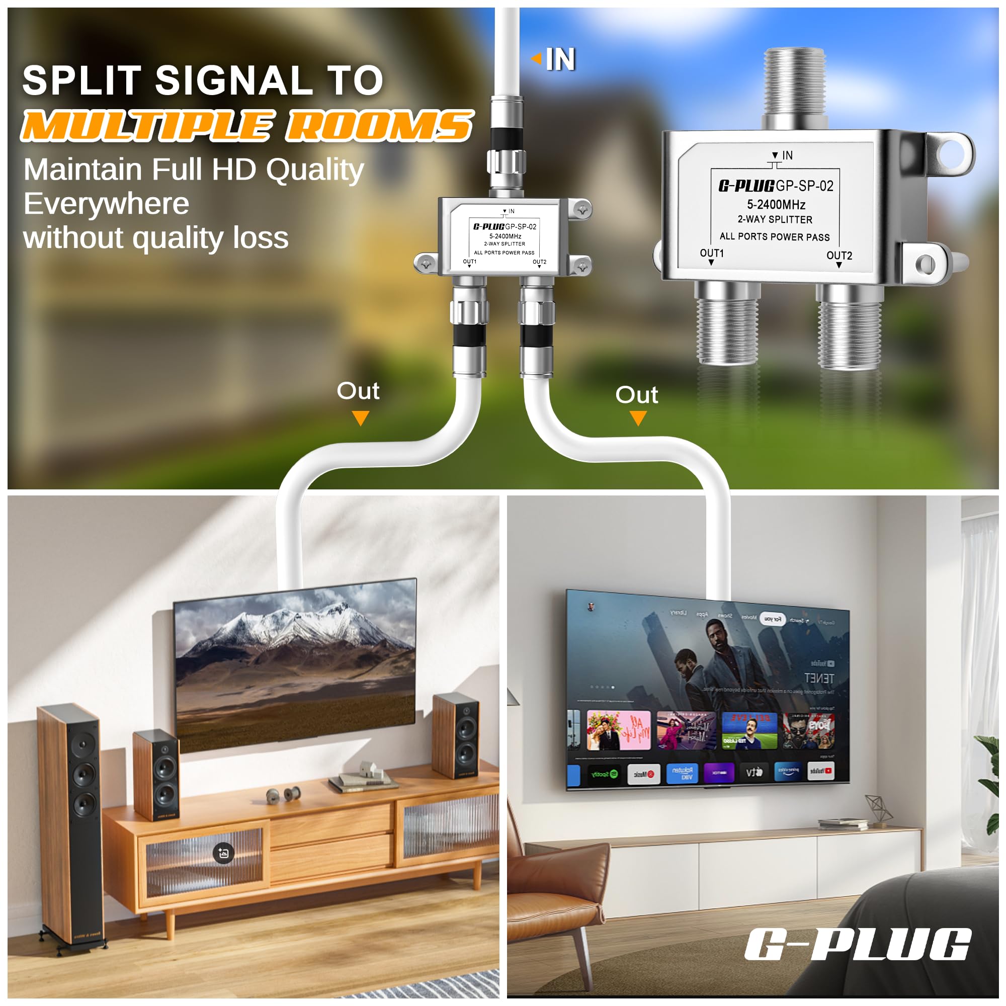 G-PLUG Rozdzielacz satelitarny 2-drożny - Premium rozdzielacz satelitarny do telewizji i radia, HDTV/UHD 4K, DVB-S/S2, DVB-T/T2, DVB-C/C2, wytrzymała obudowa, 2 wyjścia, łatwa instalacja