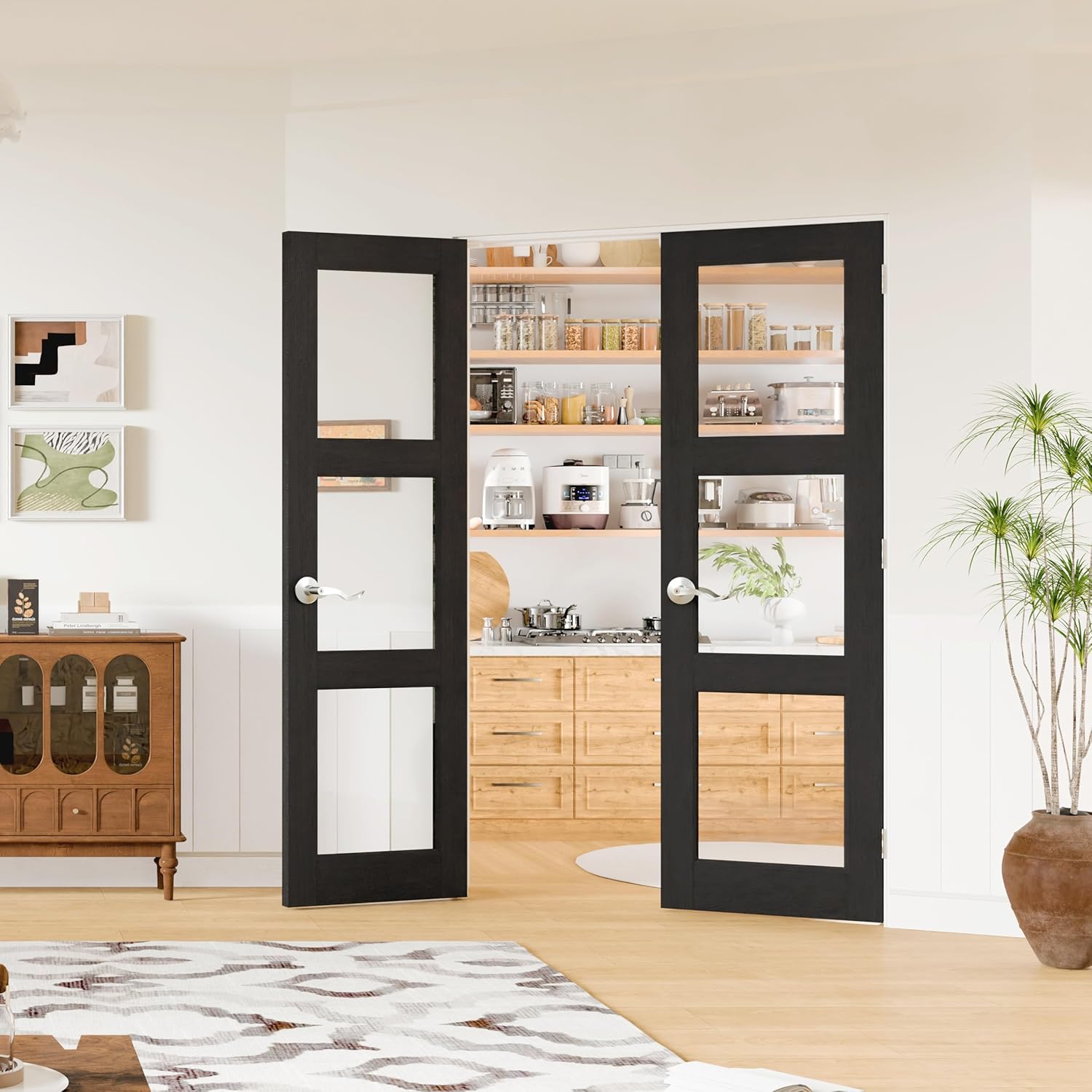 French Doors, 48" x 80" Interior Doors with Door Jamb & Hardware Kit and Silver Door Levers, 3-Lite Clear Glass Pantry Door as Prehung Door for Bedrooms, Closets, Solid Core & MDF, Black