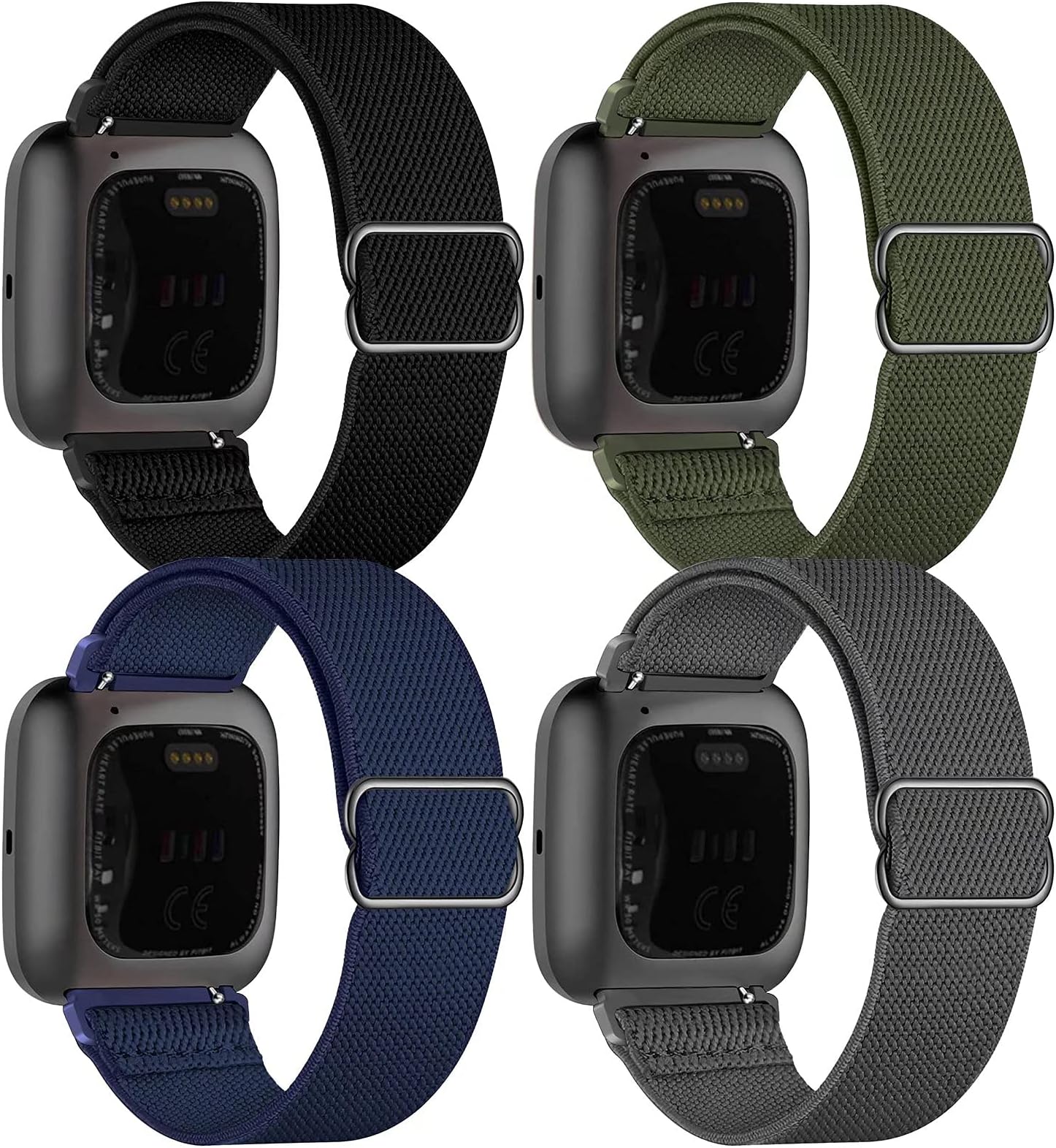 Fengyiyuda 4pack Nylon Straps Compatible with Fitbit Versa 2/Versa/Versa Lite/Versa SE,Women Men Elastic Stretchy Bands, Sport Replacement Bracelet,Pure Black/Pure Army Green/Pure Navy Blue/Dark Gray