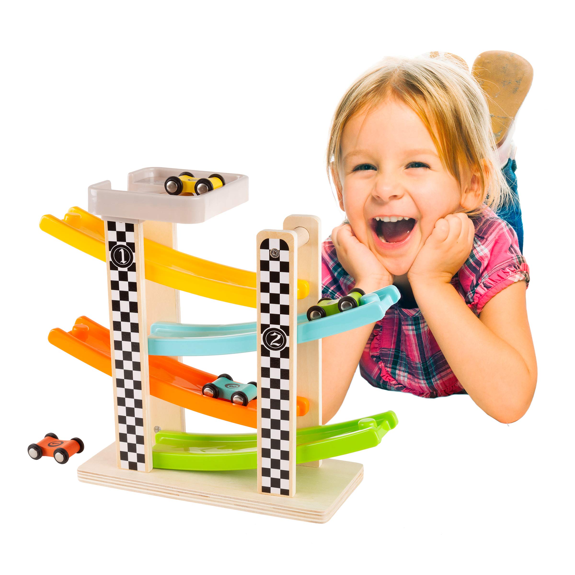 Buy Hey! Play! Toy Race Track and Racecar Set Wooden Car Racer with 4