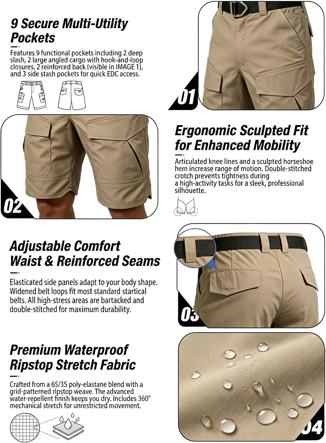 Men's Cargo Shorts, Waterproof Ripstop Stretch Tactical Shorts Casual Hiking Golf Outdoor Work Shorts with Pockets (No Belt)
