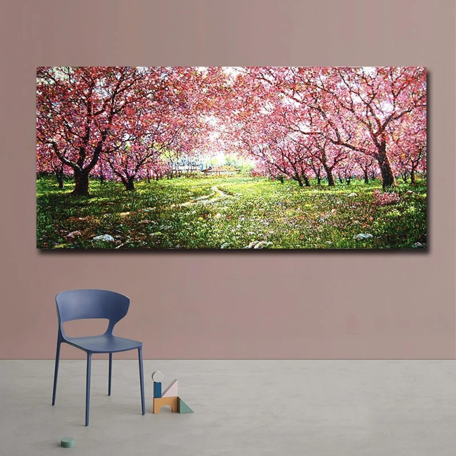 Chaojiart Frameless Aesthetical Cherry Blossoms Landscape Pink Tree Canvas Painting Abstract Posters And Prints Wall Pictures For Home Decor 50X100cm