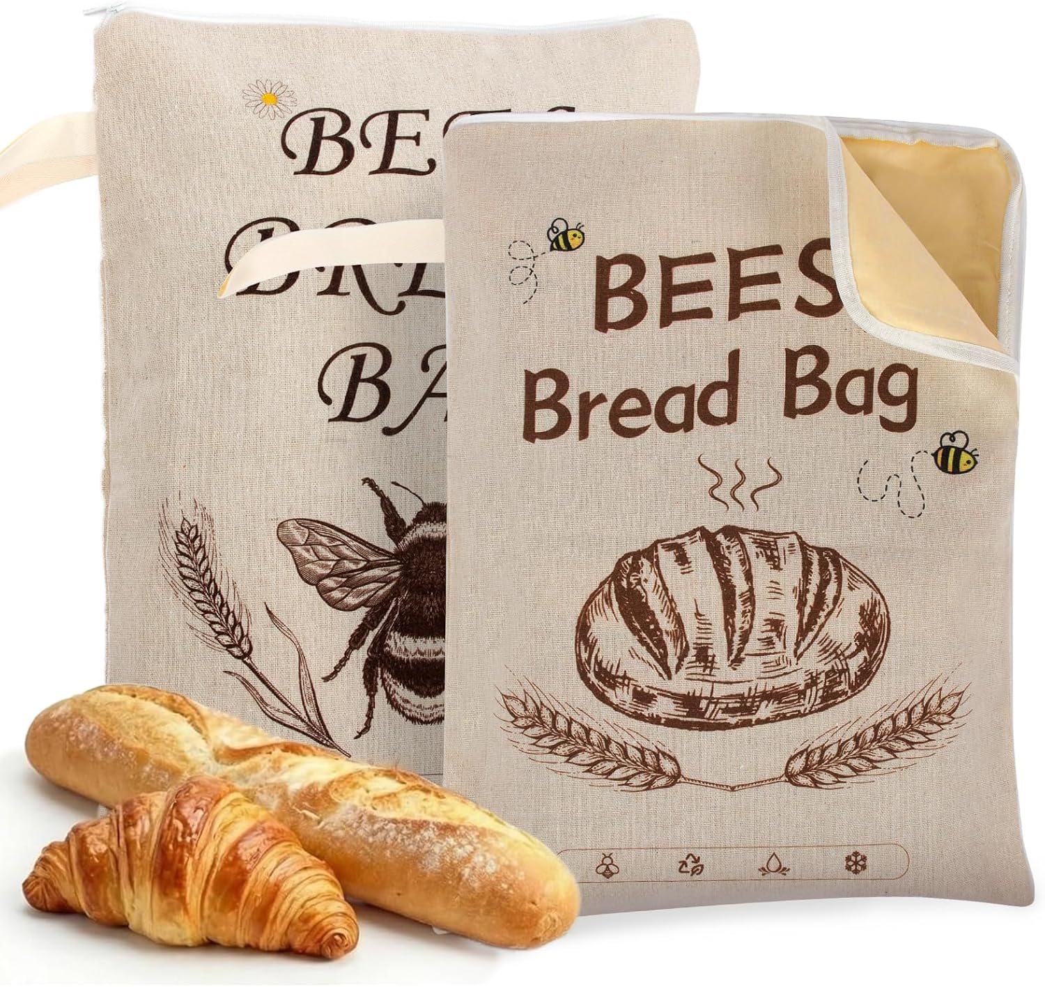 Wide Zipper Reusable Beeswax Bread Bags for Homemade Bread & Sourdough - 2-Pack XL Organic Cotton Linen Covers, Airtight & Freezer-Friendly Food Storage, Homesteading Essentials to Keep Fresh Longer