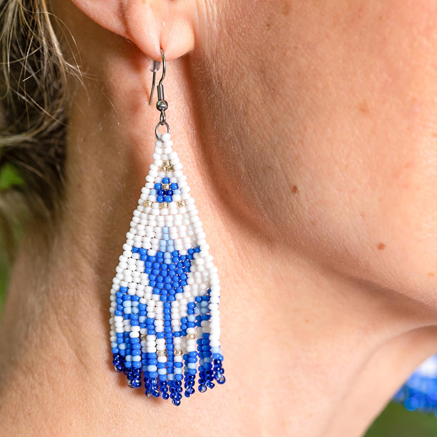Floral Seed Bead Fringe Earrings for Women – Chinoiserie Blue & White Classy Boho Beaded Dangle Earrings – Handmade by Embera Bead Project – Lightweight, Hypoallergenic