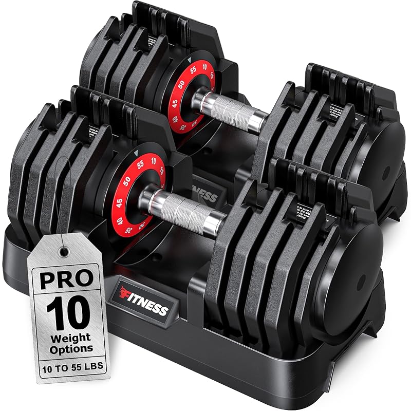 Rendpas Adjustable Dumbbell Set for Home Gym Strength Training | 25/55/80LB Pair, 10-in-1/16-in-1 Weight Set, 1-Sec Quick Adjust, Non-Slip Knurled Grip, Dual-Lock Safety, Space-Saving Tray 55LBS Pair-