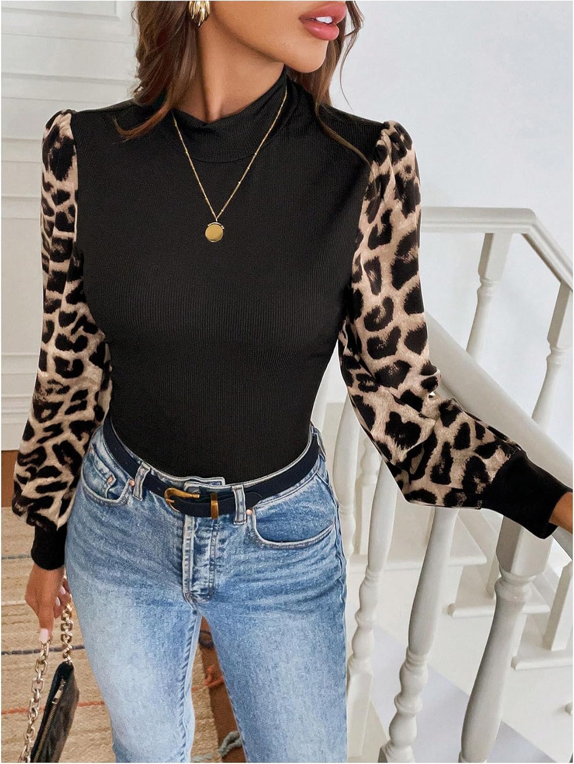 MakeMeChic Women's Leopard Print Long Sleeve Mock Neck Slim Fit Blouse Casual Shirt Tops - Image 4