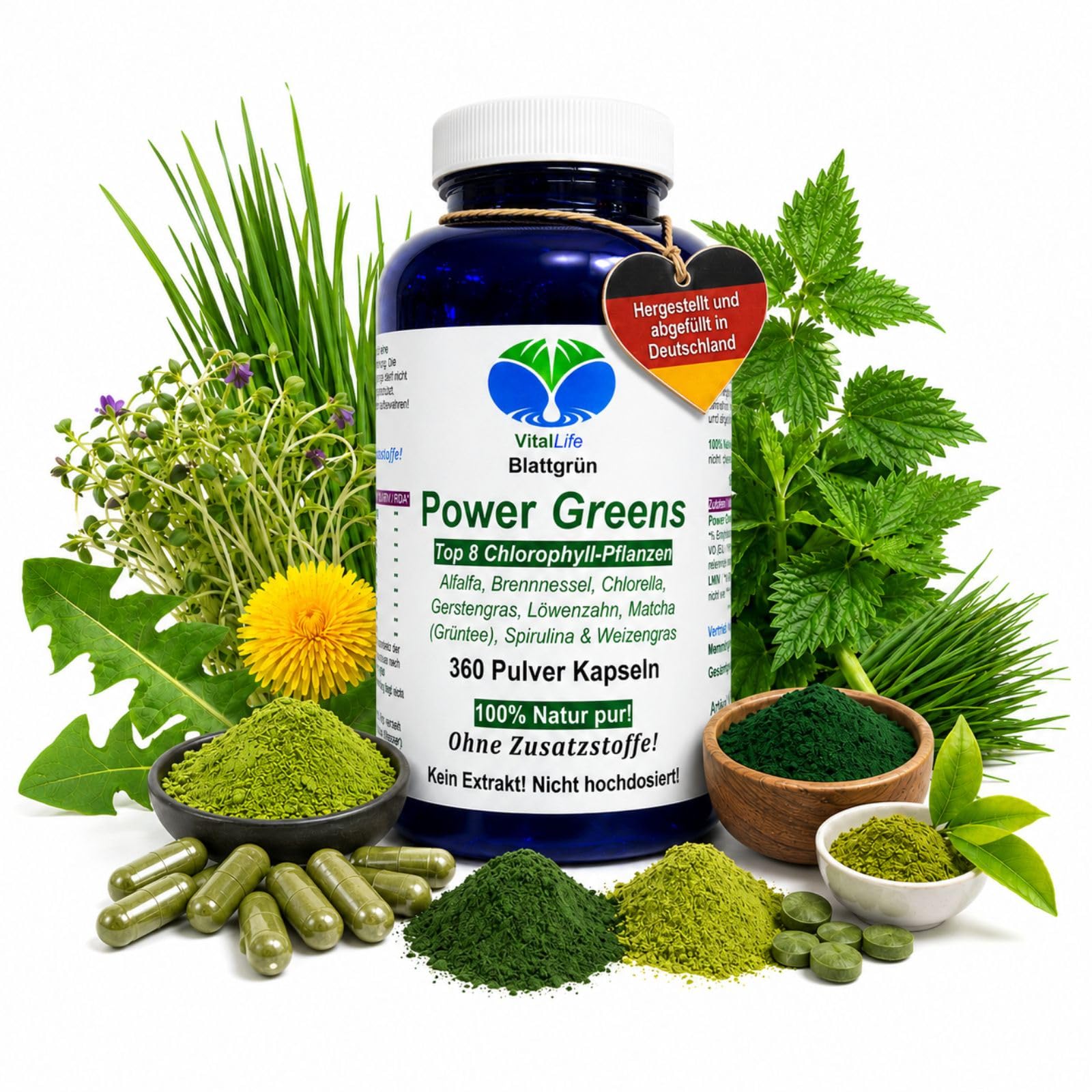 Green Power Greens Top8 Chlorophyll Supergreens 360 Pulver Kapseln mit Alfalfa Brennnessel Chlorella Gerstengras Löwenzahn Matcha Spirulina Weizengras. Natur pur. Ohne Zusatzstoffe. 26333-360