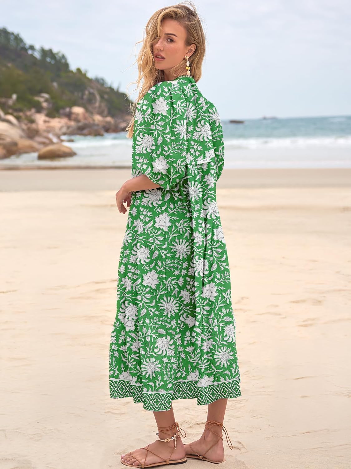 Women's Floral Boho Maxi Dress 2026 Summer V Neck Puff Sleeve Casual Loose Flowy Long Beach Dresses - Image 3