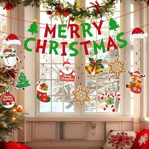 Miniatura 7 de jijAcraft Cartel de decoración navideña de Feliz Navidad, 38 piezas de remolino colgante premontado, decoraciones de Navidad para interiores,