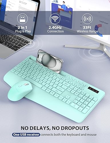Miniatura 13 de Combo de teclado y mouse inalámbricos, teclado ergonómico de tamaño completo con reposamuñecas, soporte para teléfono, modo de suspensión, Rosa