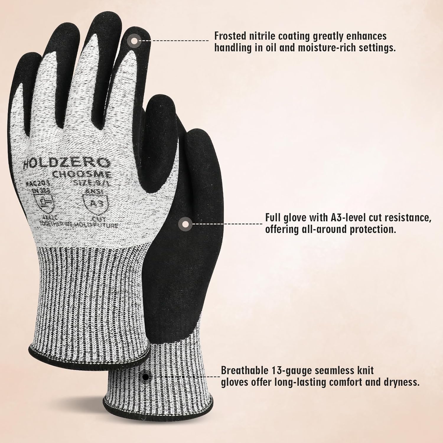 Cut Resistant Work Gloves Level 3 Foam Nitrile Grey 2 Pair（M/L）