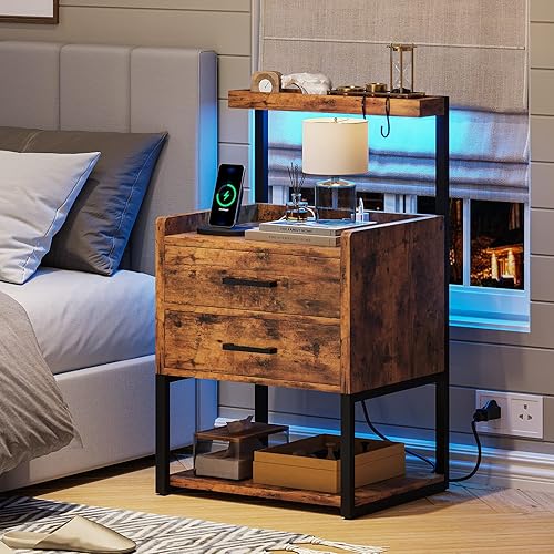 Miniatura 8 de AOGLLATI Mesita de noche con luces LED y estación de carga, 2 cajones para dormitorio, 2 puertos USB, 2 tomacorrientes, mesa auxiliar de cama con