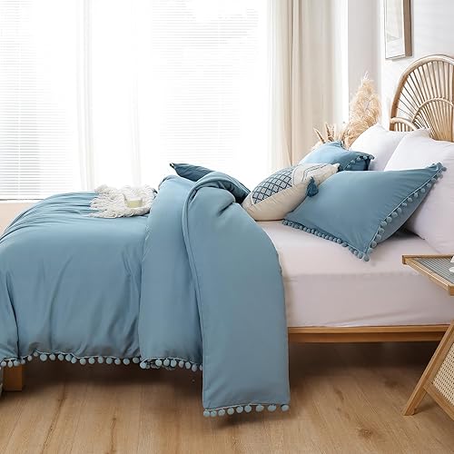 Miniatura 3 de YIRDDEO Juego de edredón tamaño Queen  Juegos de edredón tamaño Queen con flecos de pompones, juego de ropa de cama suave para todas las estaciones