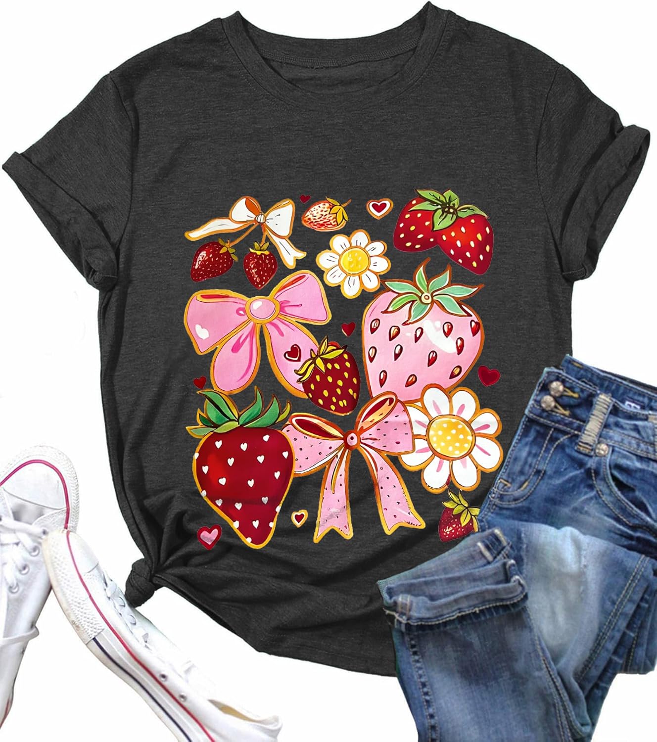 Strawberry Shirt for Women Fruit Graphic T-Shirt Short Sleeve Summer Strawberry Floral Tee Tops