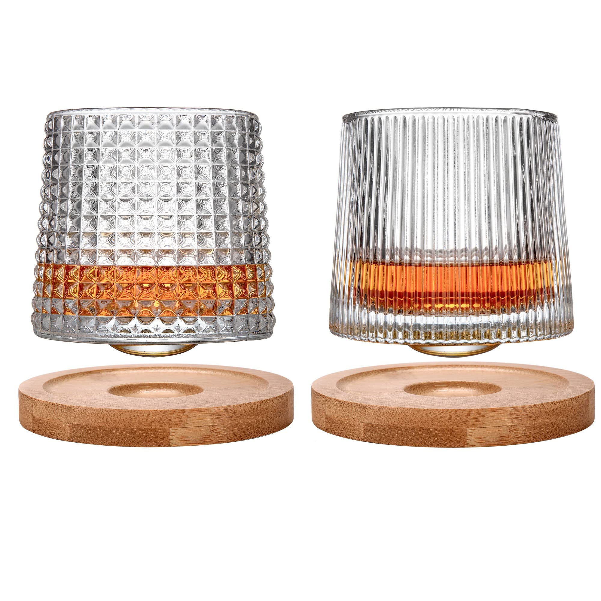 2Set Wine Glasses Rotatable Tumbler Crystal Glass Cups, Old Fashioned Whiskey glass sets with 2Pcs Bamboo Coasters Scotch, Crystal Whiskey Glasses Gift for Men, Husband.