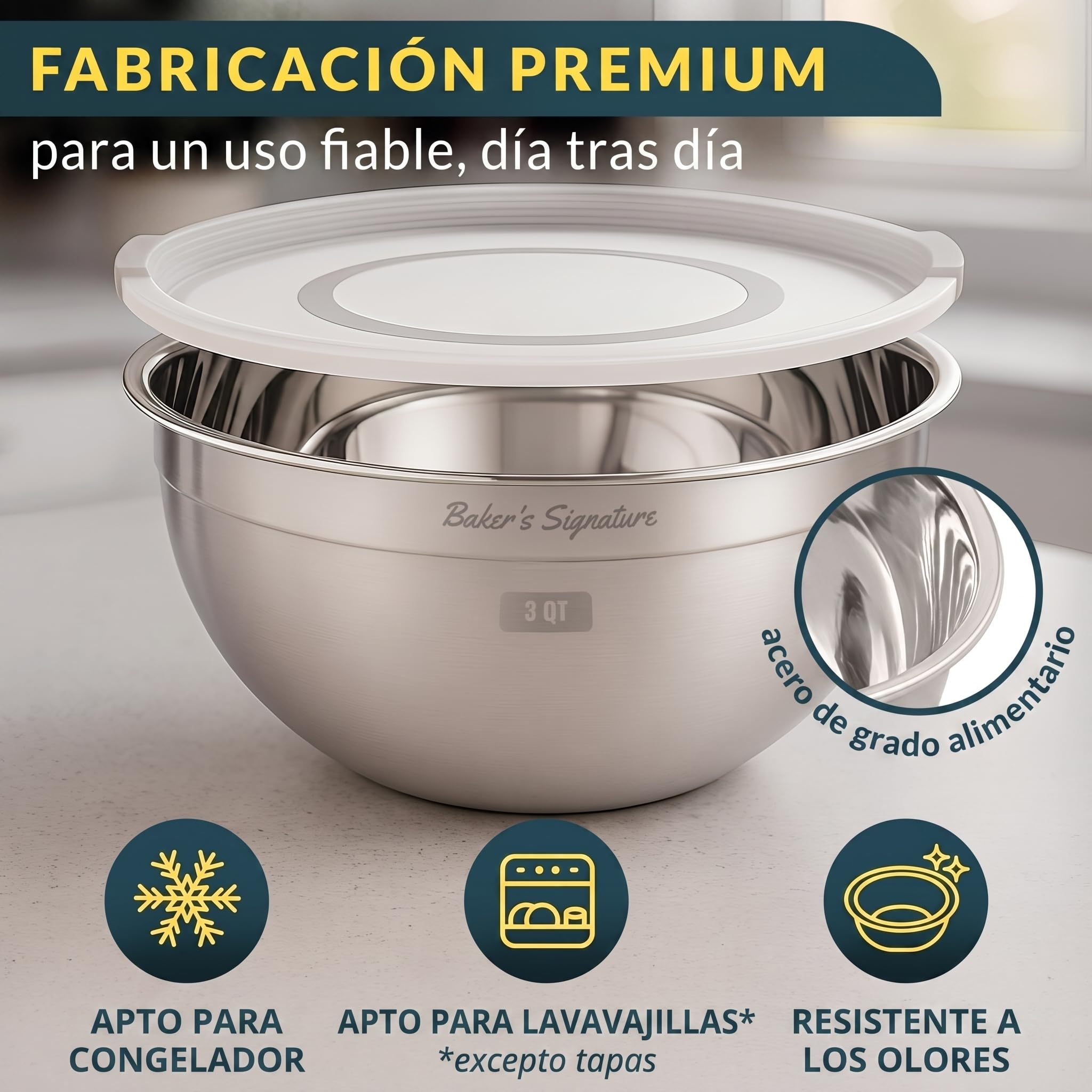 Baker's Signature Juego de 3 cuencos de acero inoxidable para mezclar con tapa, juego de 3 cuencos de metal para preparar alimentos, hornear, almacenar, cocinar, servir, apto para lavavajillas y