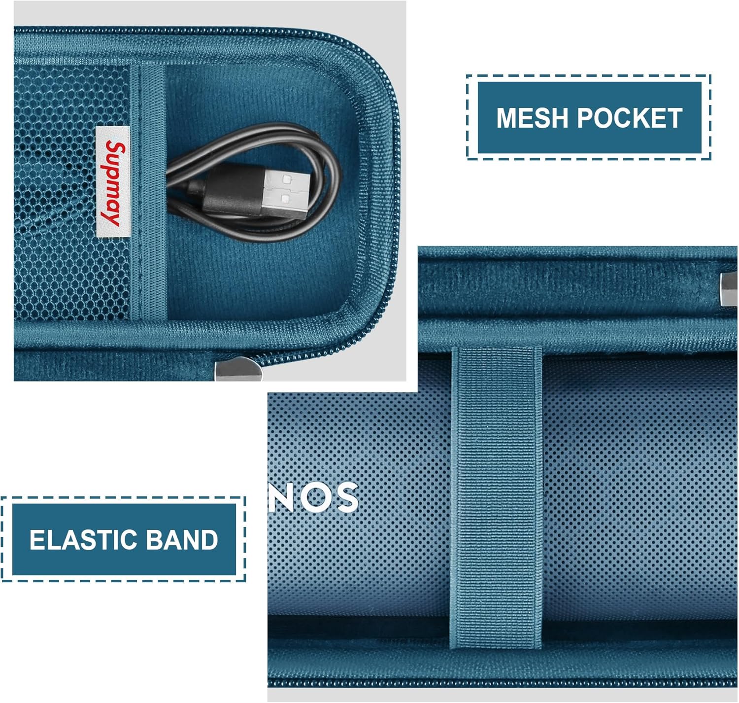 Hard Carrying Case for Sonos Roam 2/ Sonos Roam Portable Waterproof Bluetooth Speaker, Wireless Portable Speaker Protection Case with Mesh Pocket for USB-C Cable, Blue - Image 4