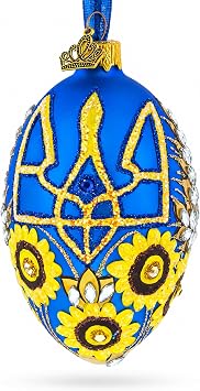 Ukrainian Coat of Arms and Sunflowers Glass Egg Ornament 4 Inches