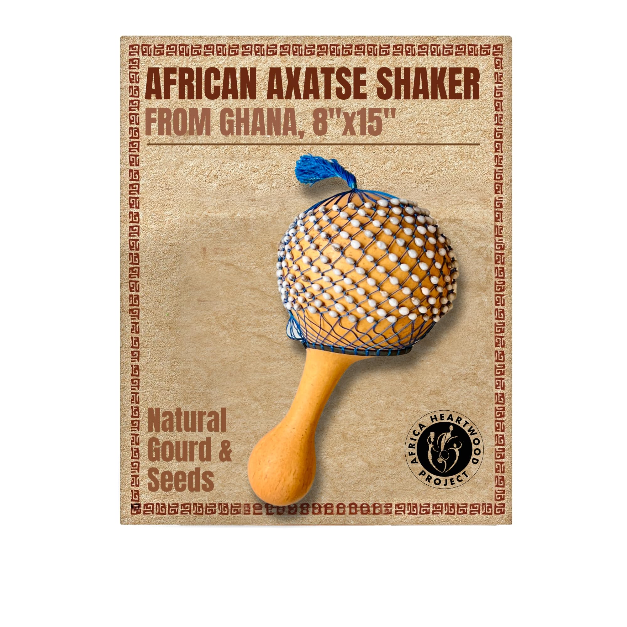 Africa Heartwood Project Axatse African Shaker - 8" X 15" Handmade Shekere Maraca with Durable Gourd Body, Natural Seed Beads, and Handle - Authentic Shakers Musical Instruments, Handcrafted in Ghana